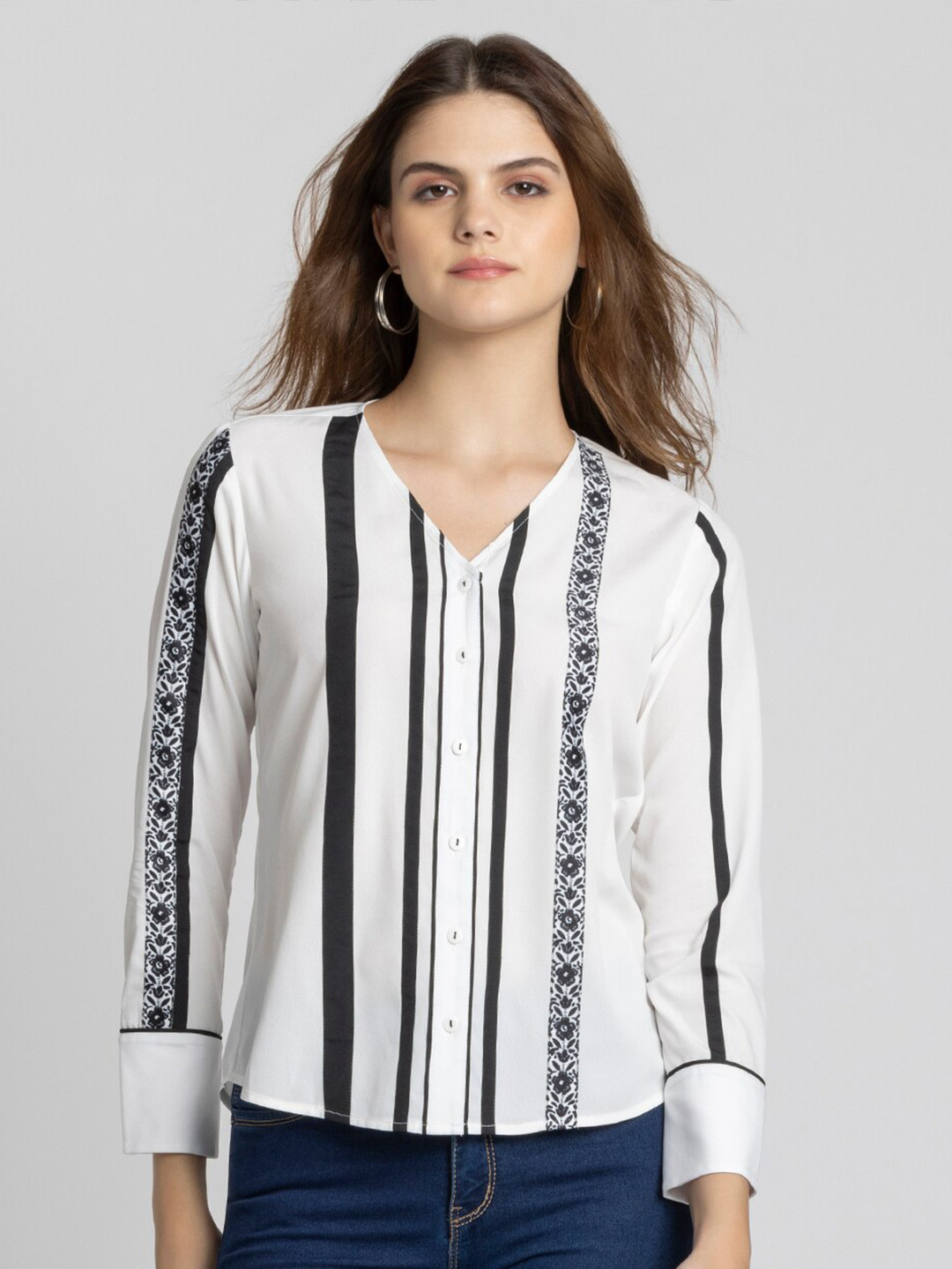 SHAYE Smart Vertical Striped Collarless Casual Shirt