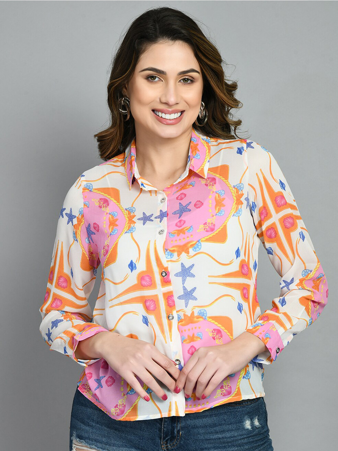 Fuchsia White Floral Print Chiffon Shirt Style Top