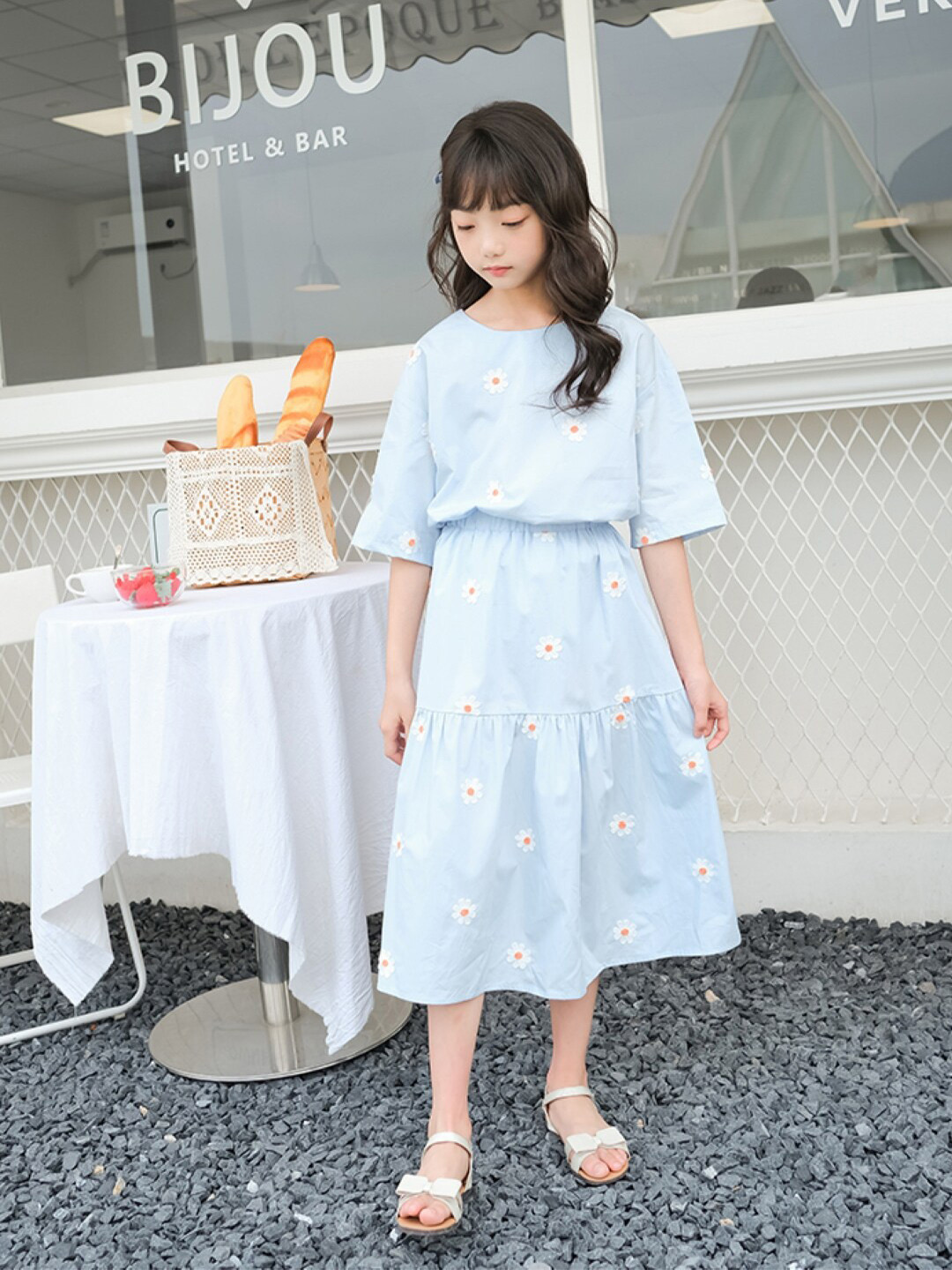 StyleCast Girls Blue & Orange Printed Pure Cotton Top With Skirt