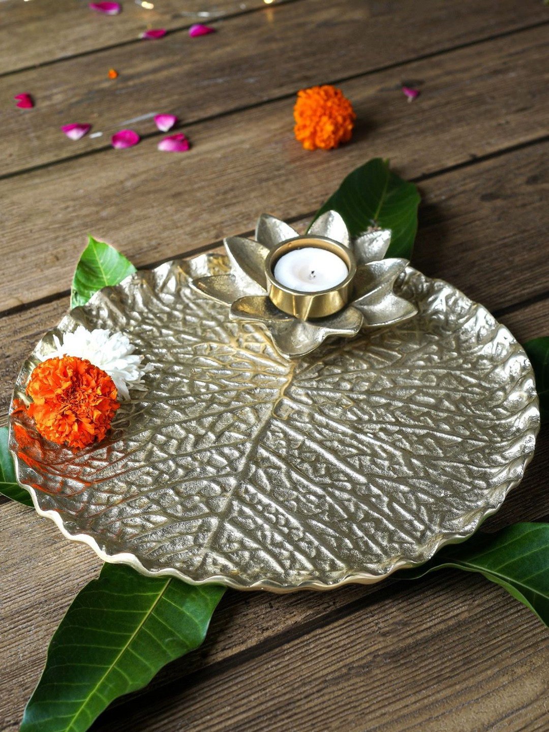 BEHOMA Golden Aluminum Lotus Leaf Shape Pooja Thali Tray