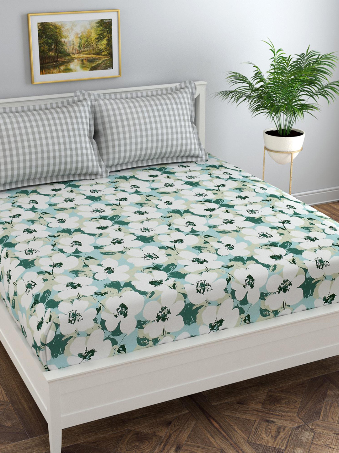 Florida White Floral Cotton 300 TC Fitted Queen Fine Bedsheet with 2 Pillow Covers-100 x 93 inches