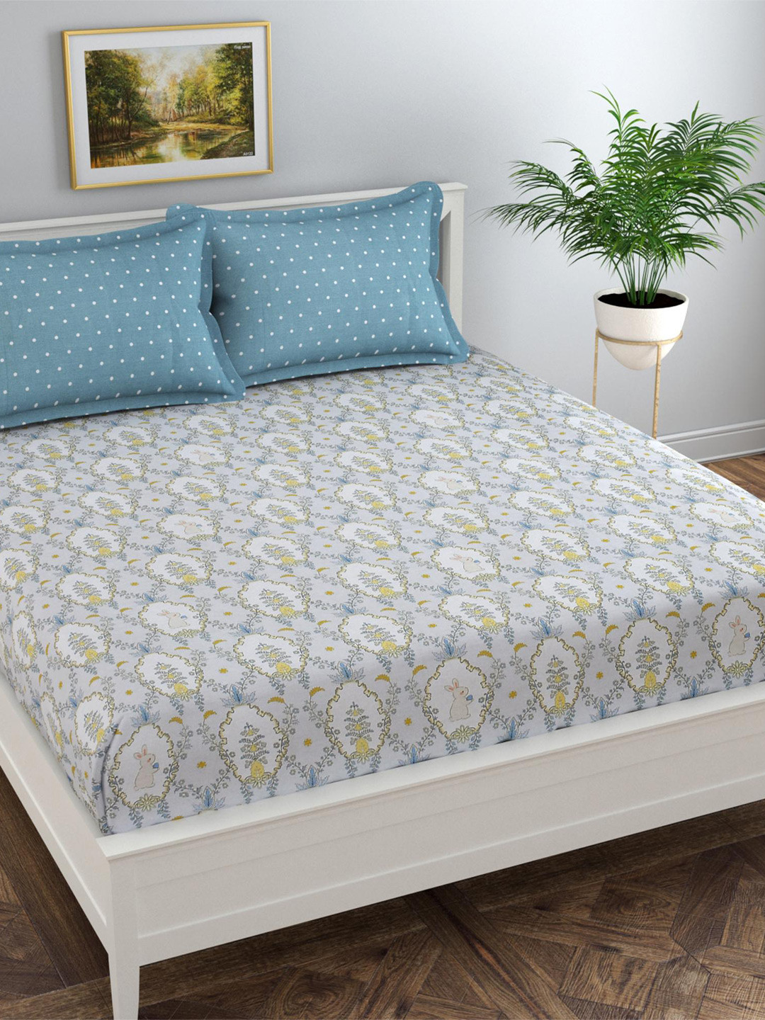 Florida Blue Floral Cotton 300 TC Fitted Queen Fine Bedsheet with 2 Pillow Covers-78 x 72 inches