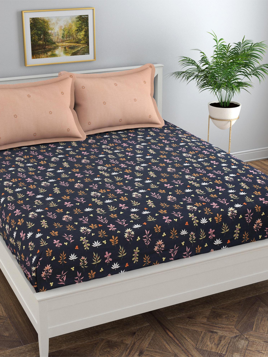 Florida Black Floral Cotton 300 TC Queen Fine Bedsheet with 2 Pillow Covers-90 x 98 inches