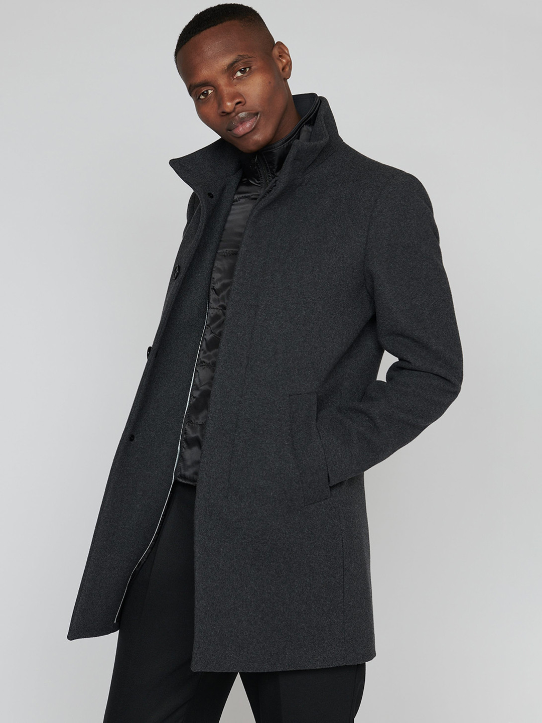 Matinique Stand Collar Single Breasted Hip Length Overcoat