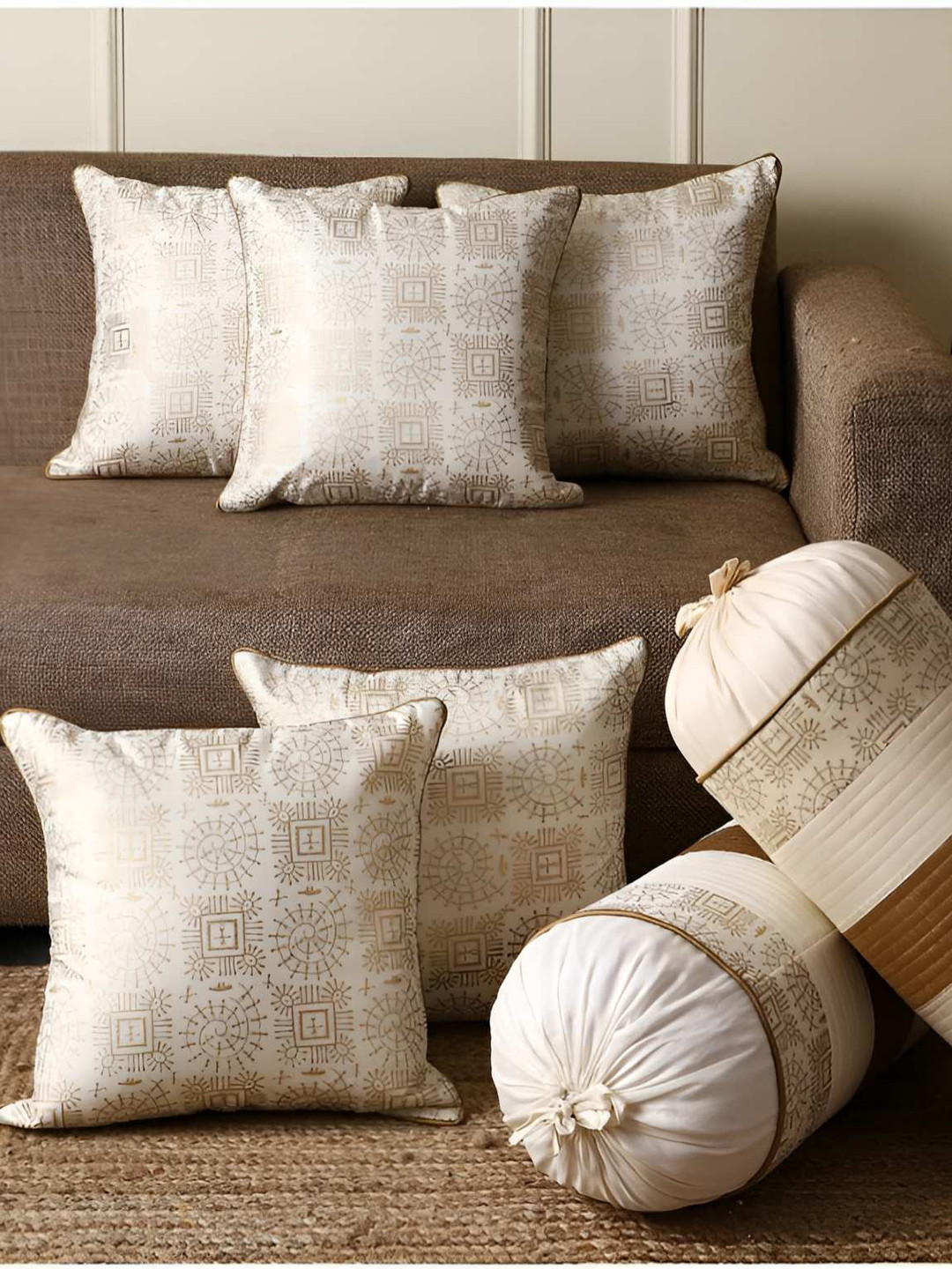 Stuff N' Fluff White & Brown 7 Pcs Abstract Square Cushion Covers