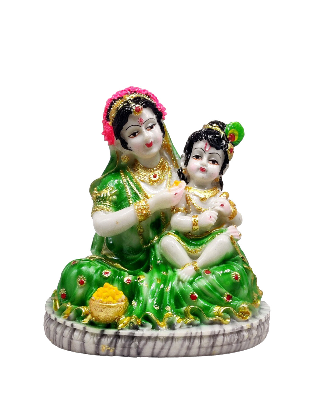 GLOOKS Krishna with Yashodha Maa Green Marble Glossy Prayer Room Medium Showpiece - 6.3 Inches
