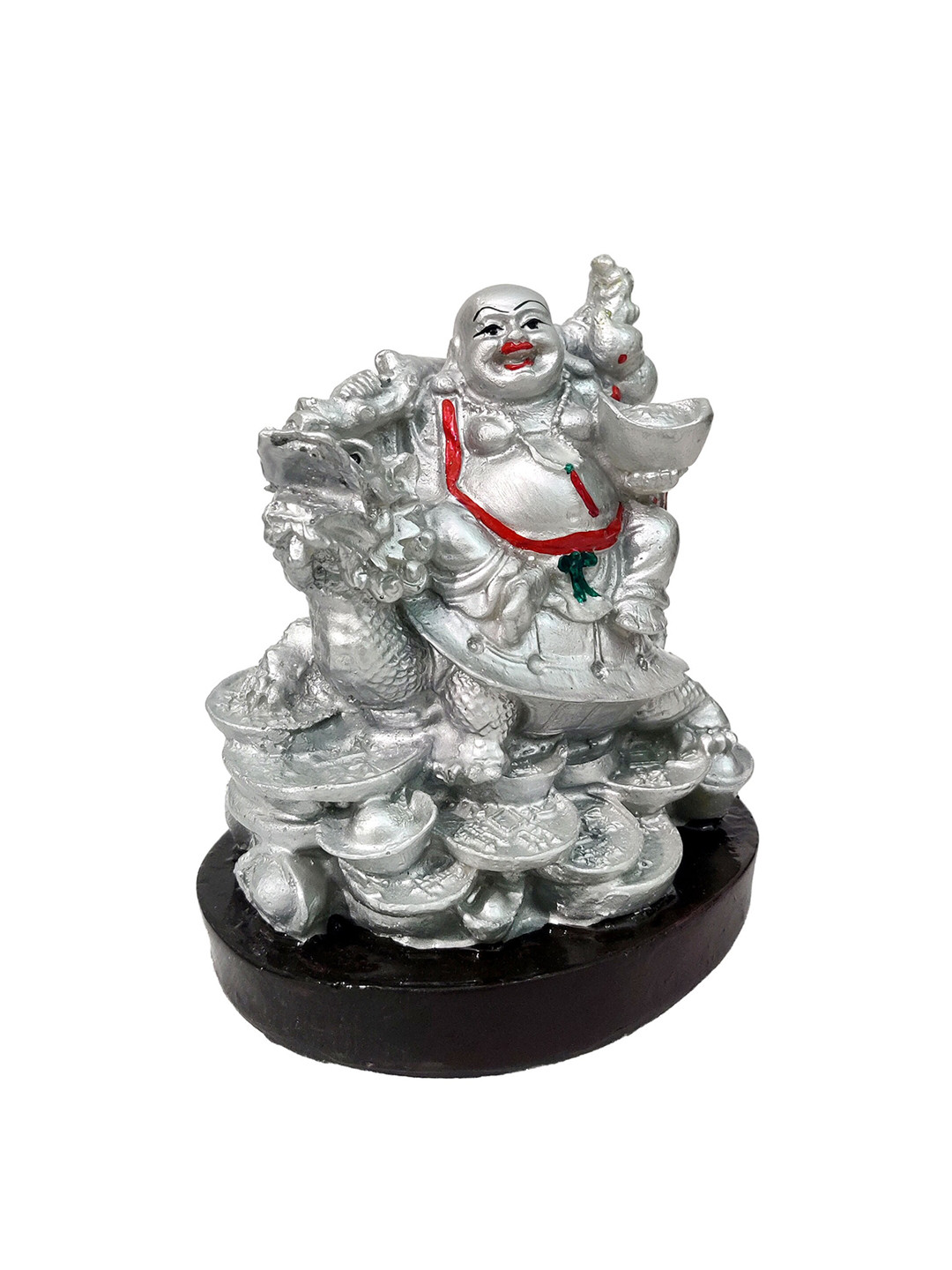 GLOOKS Dragon Turtle Buddha Silver Polyresin Natural Prayer Room Large Showpiece - 3.5 Inches