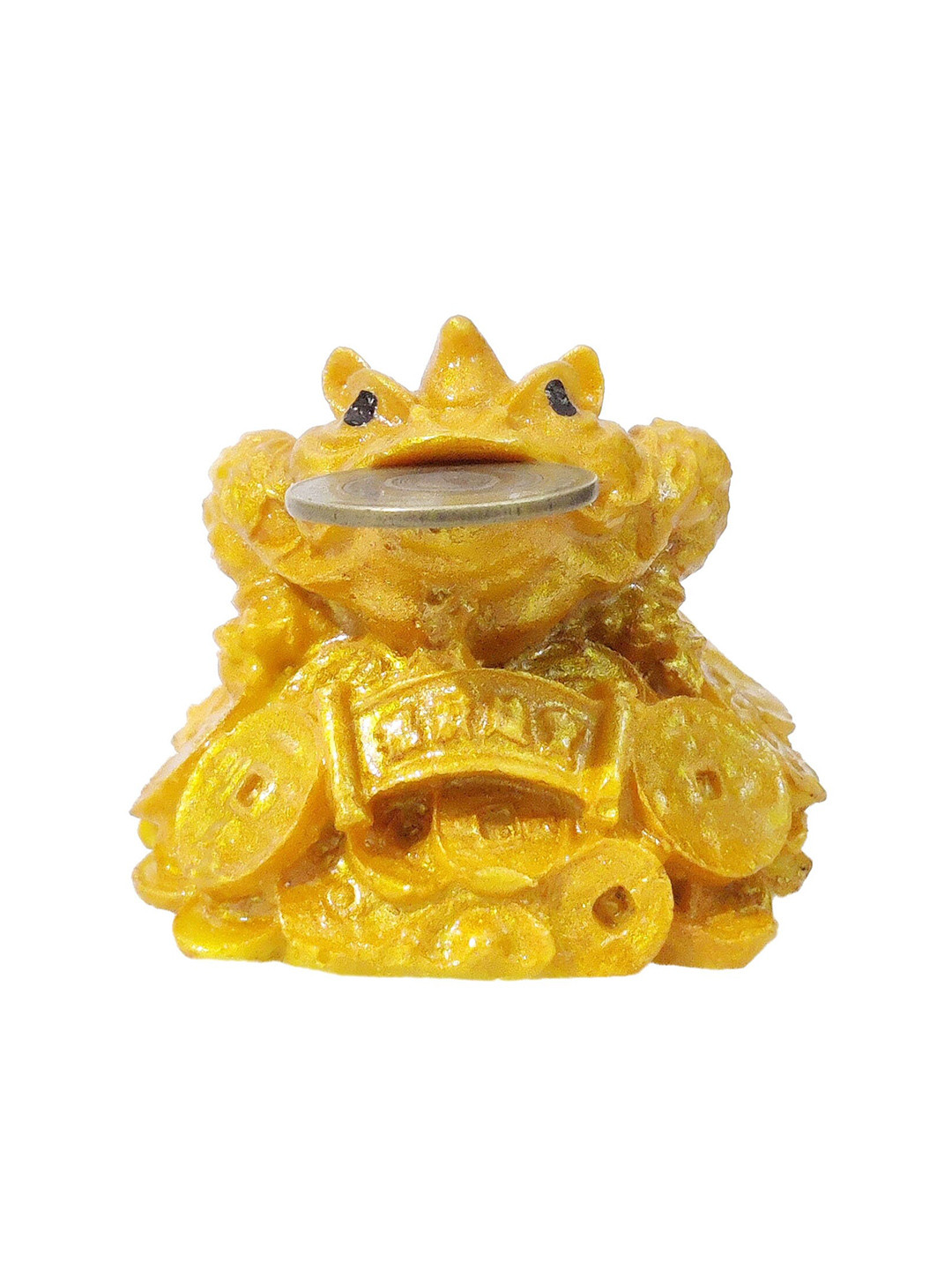 GLOOKS Money Frog with Coin Gold Marble Glossy Prayer Room Small Showpiece - 3.5 Inches