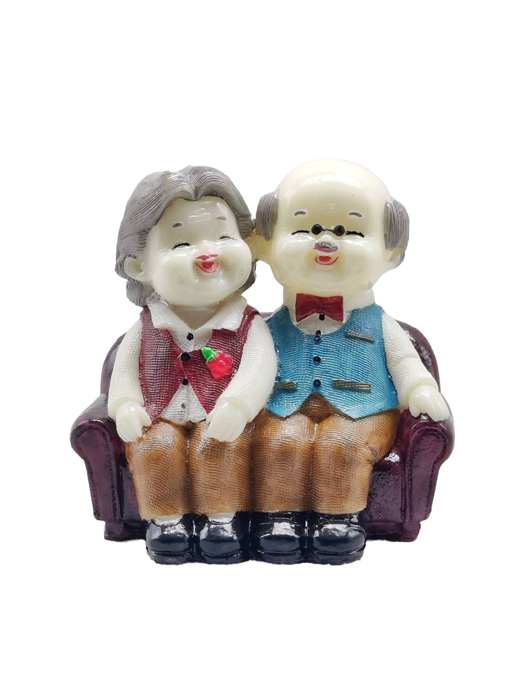 GLOOKS Old Couple Sitting on Couch White Polyresin Glossy Home Office Medium Showpiece - 5 Inches