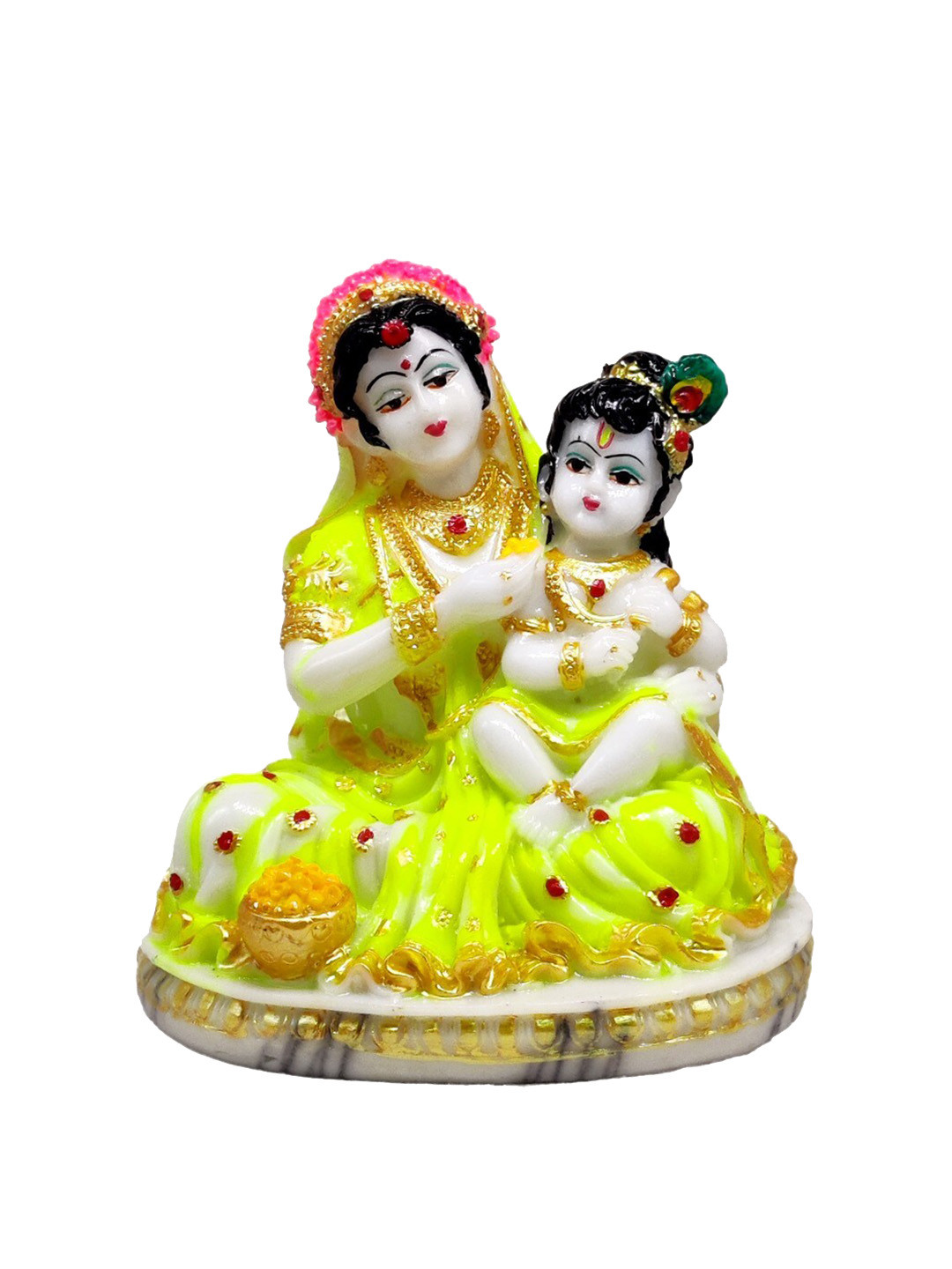 GLOOKS Krishna with Yashodha Maa Yellow Marble Glossy Living Room Medium Showpiece - 4.5 Inches