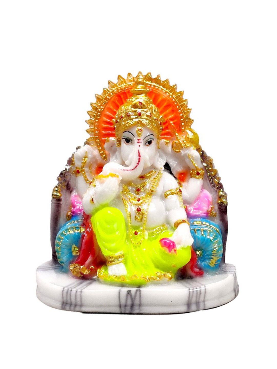 GLOOKS Ganesha on Singhasan Yellow Marble Glossy Prayer Room Medium Showpiece - 6 Inches
