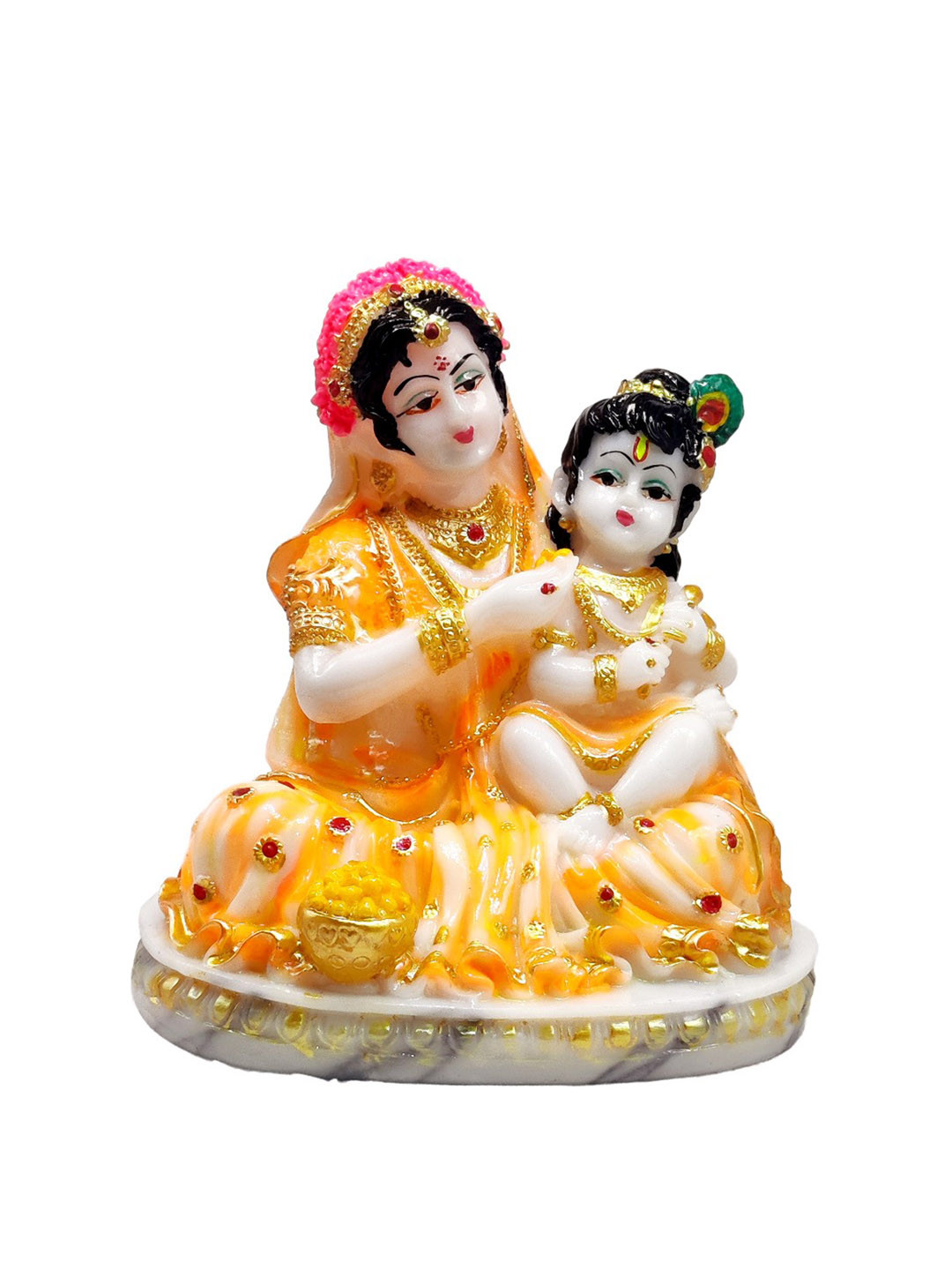 GLOOKS Krishna with Yashodha Maa Orange Marble Matte Prayer Room Medium Showpiece - 6.3 Inches