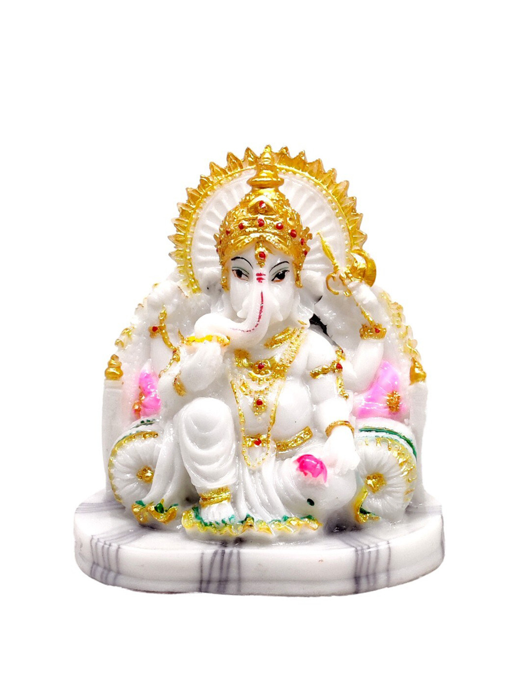 GLOOKS Ganesha on Singhasan White Marble Glossy Prayer Room Medium Showpiece - 4.1 Inches