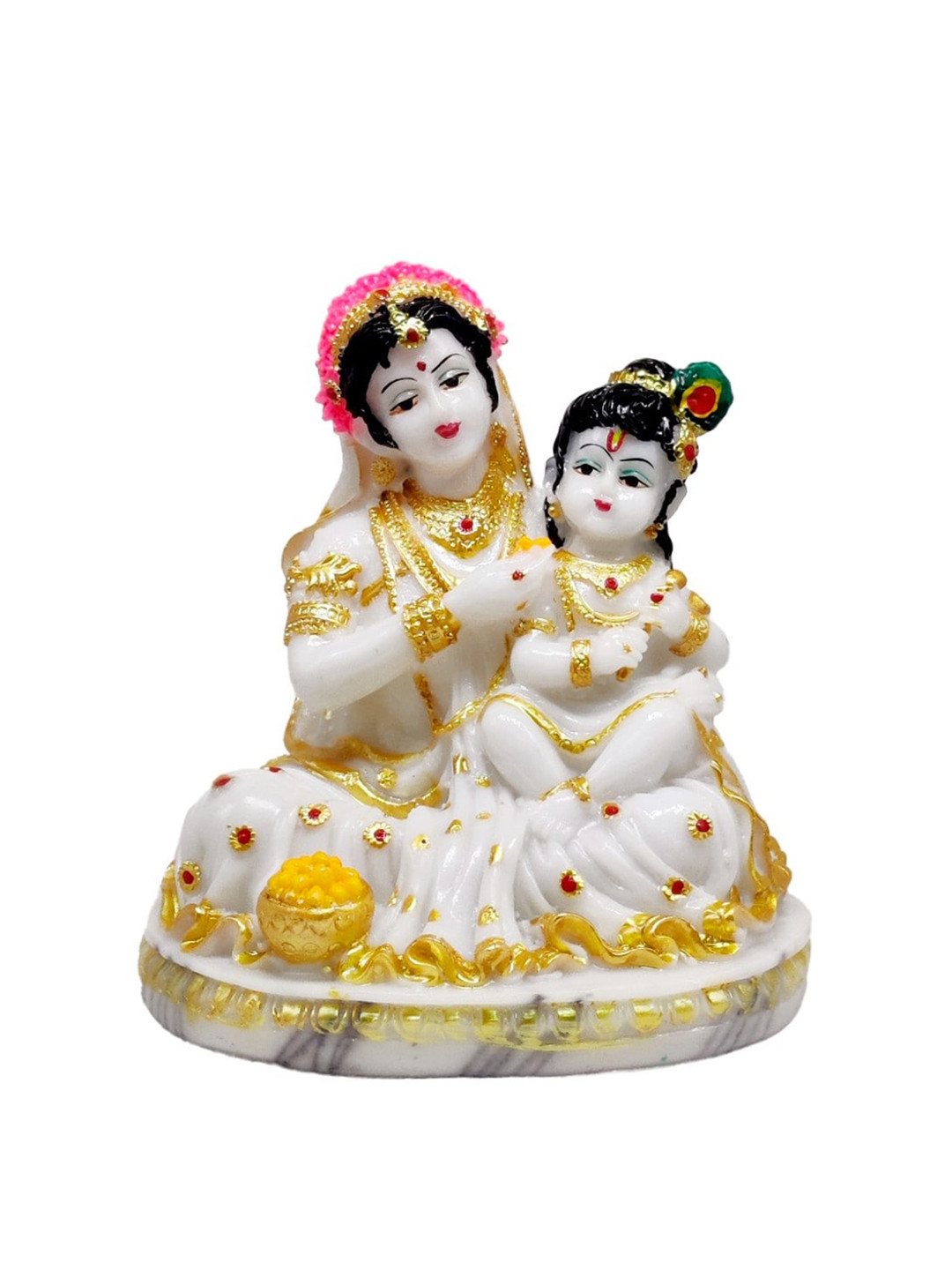 GLOOKS Krishna with Yashodha Maa White Marble Glossy Prayer Room Large Showpiece - 4.5 Inches