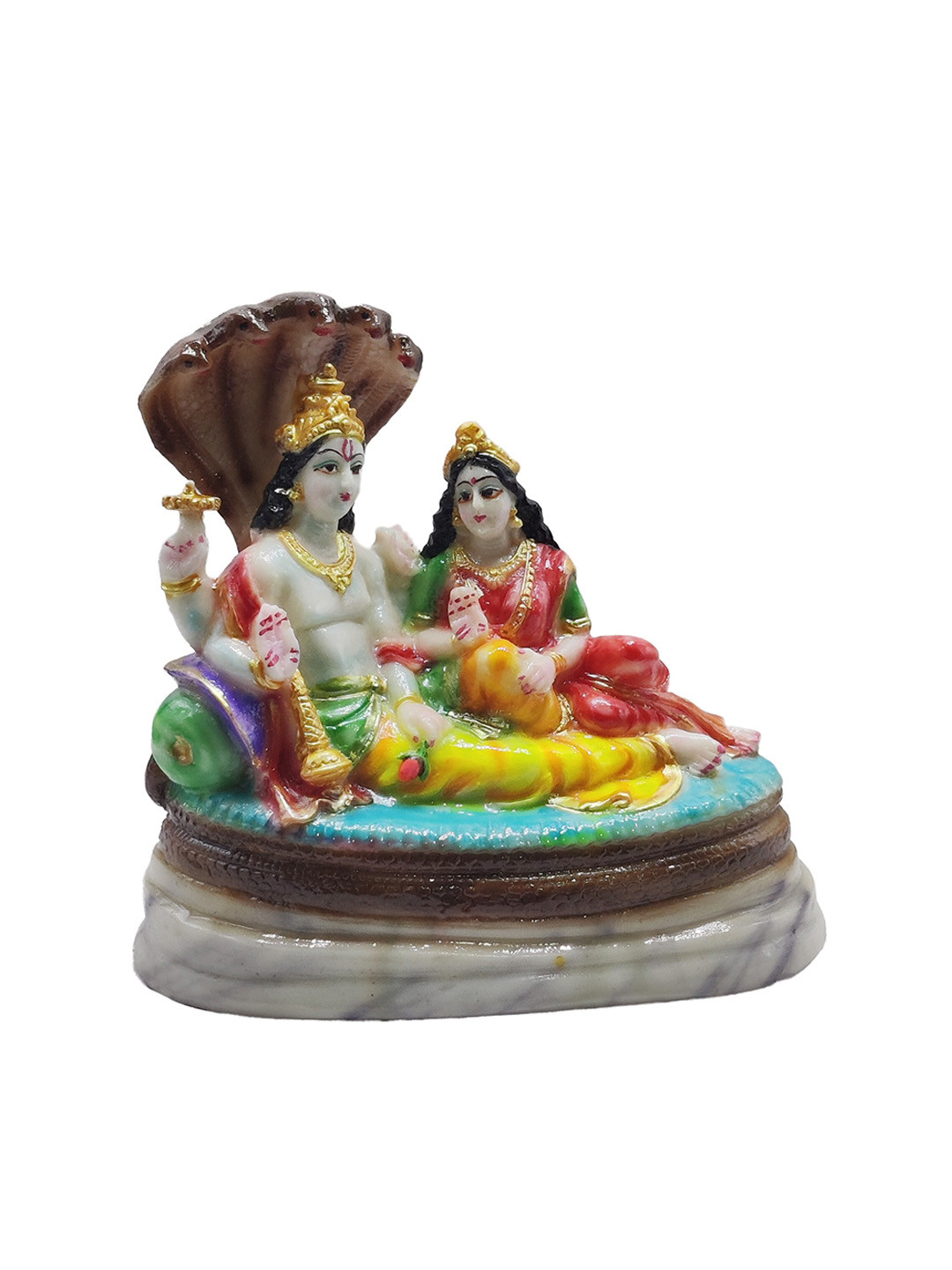 GLOOKS Vishnu Lakshmi / Laxmi on Sheshnag White Marble Glossy Prayer Room Medium Showpiece - 6 Inches