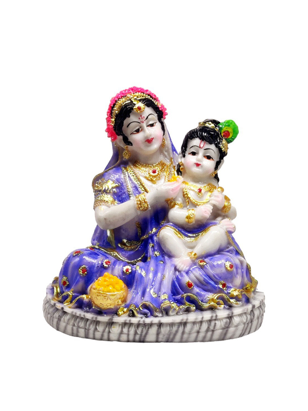 GLOOKS Krishna with Yashodha Maa Blue Marble Glossy Prayer Room Medium Showpiece - 6.3 Inches