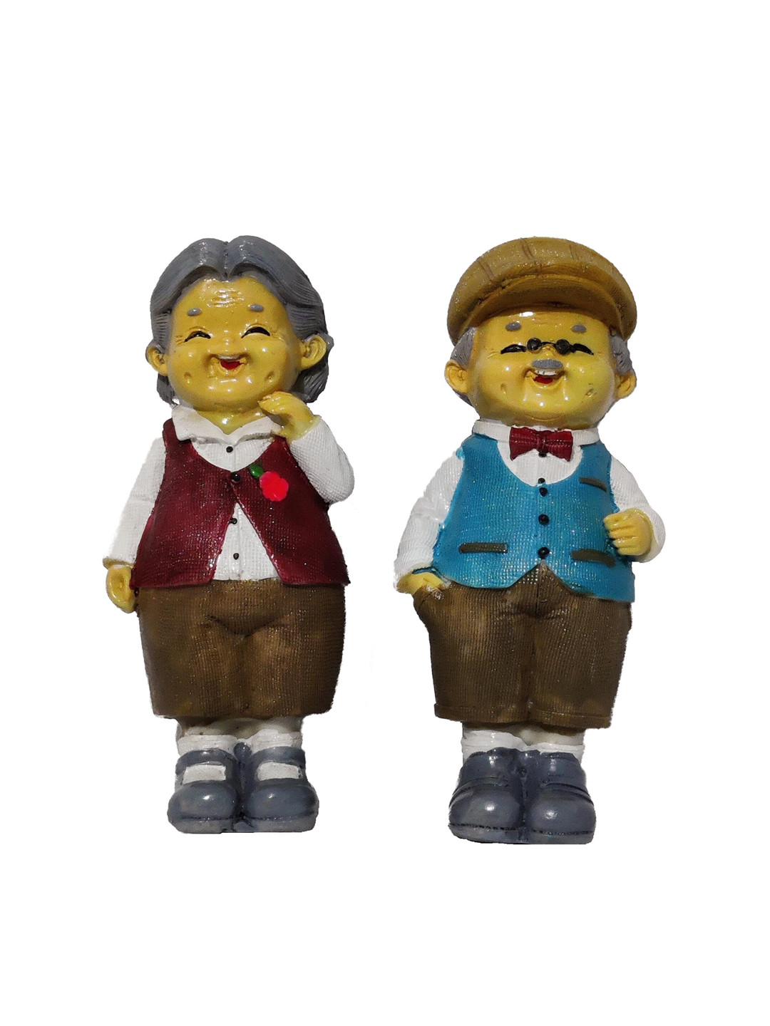 GLOOKS Vintage Laughing Old Couple Dolls Blue Polyresin Glossy Home Office Set of 2 Medium Showpieces - 6.3 Inches