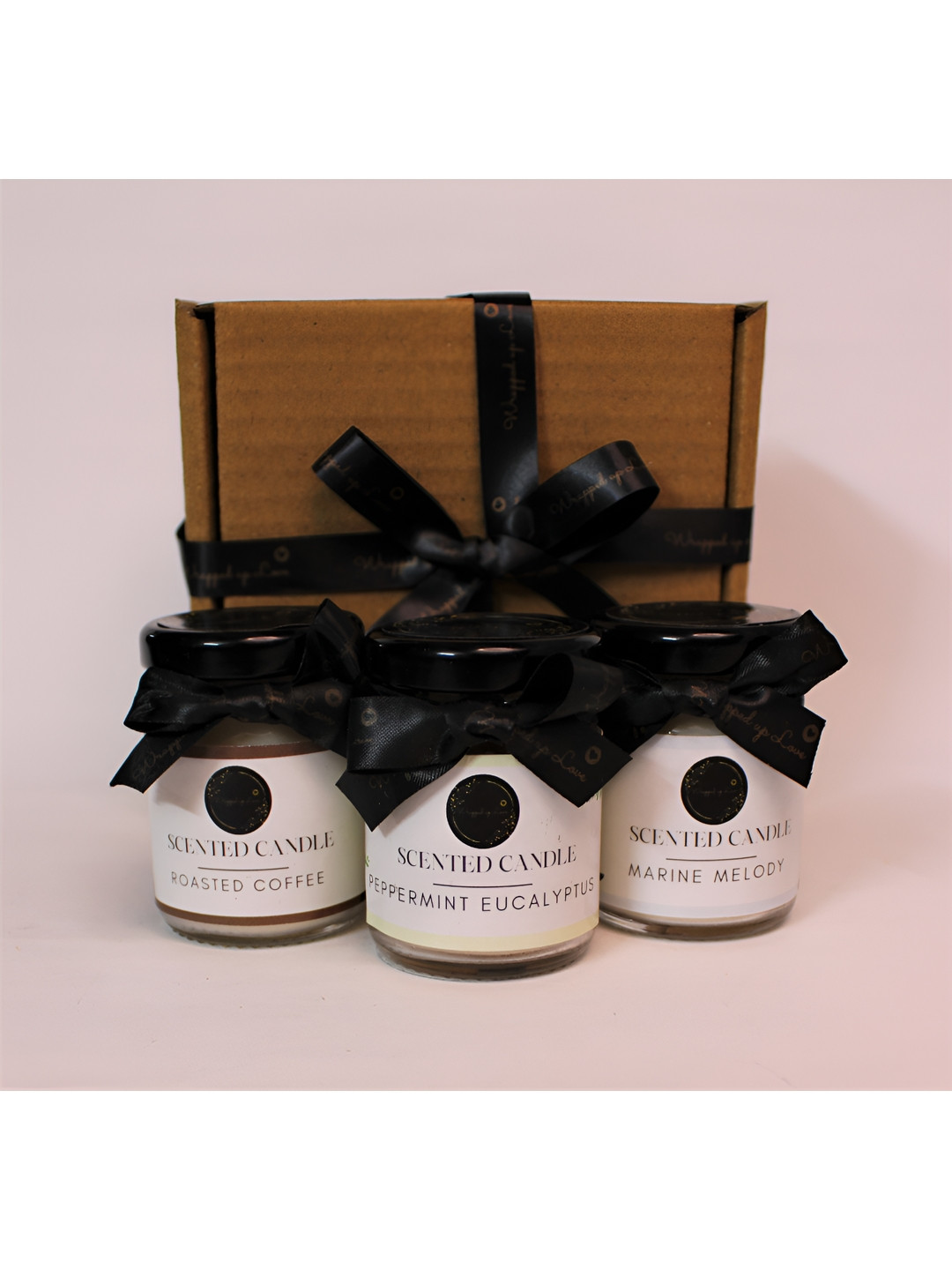 Wrapped up Love White Mini 3Pcs Marine Melody, Roasted Coffee and Peppermint Eucalyptus Jar Candles