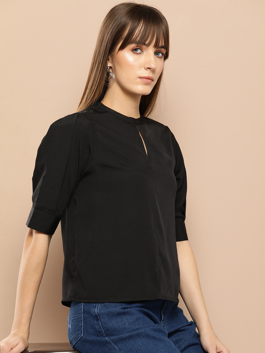 Chemistry Boxy Fit Keyhole Neck Puff Sleeve Top