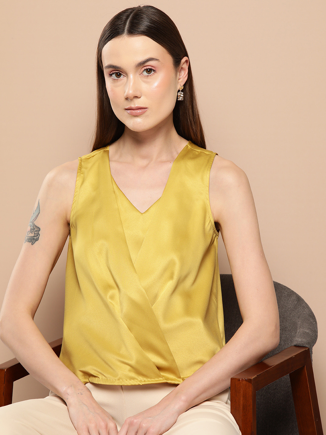 Chemistry Pleated Wrap Satin Top