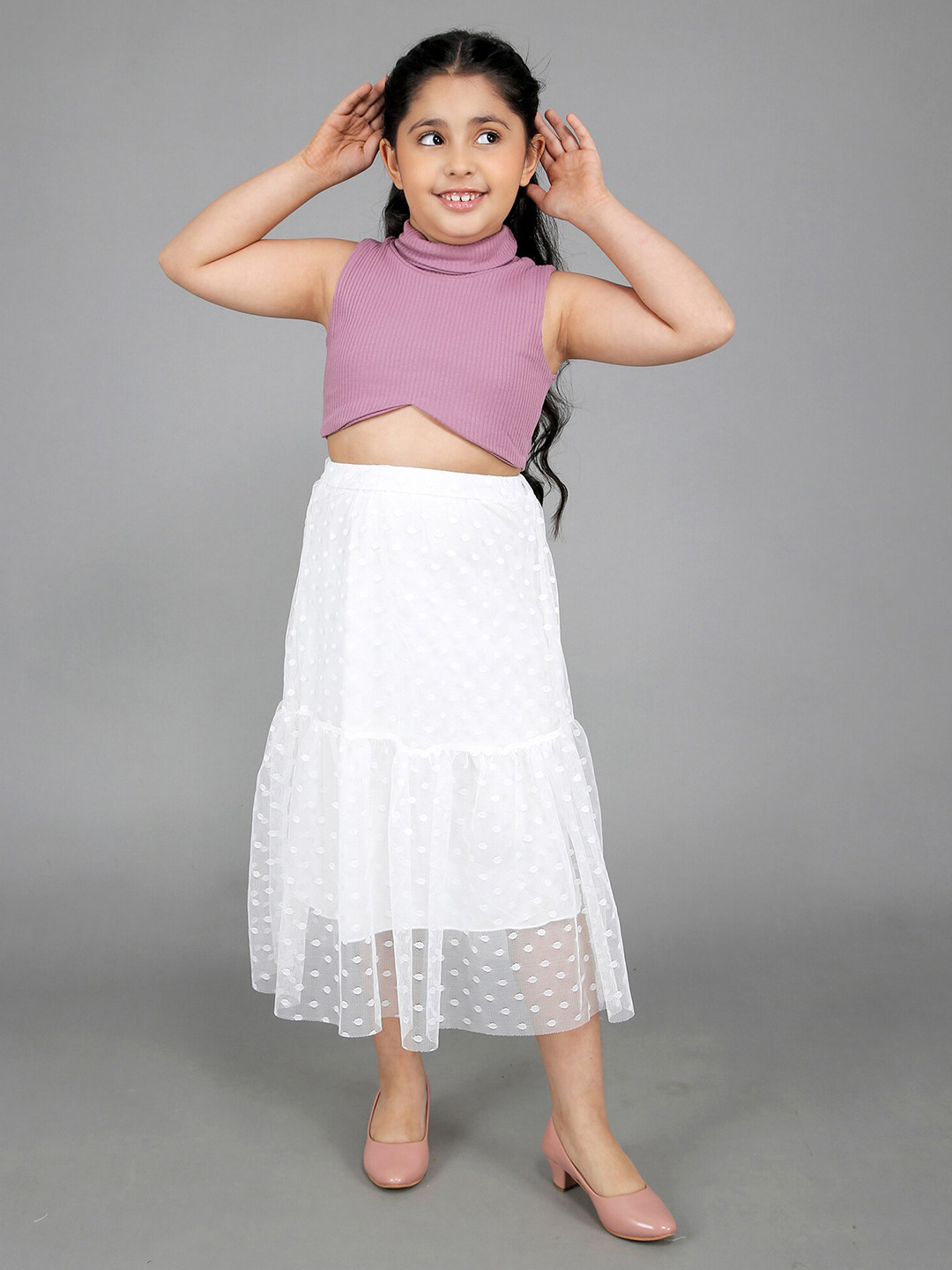 INCLUD Girls Self Design High Neck Top with Skirt
