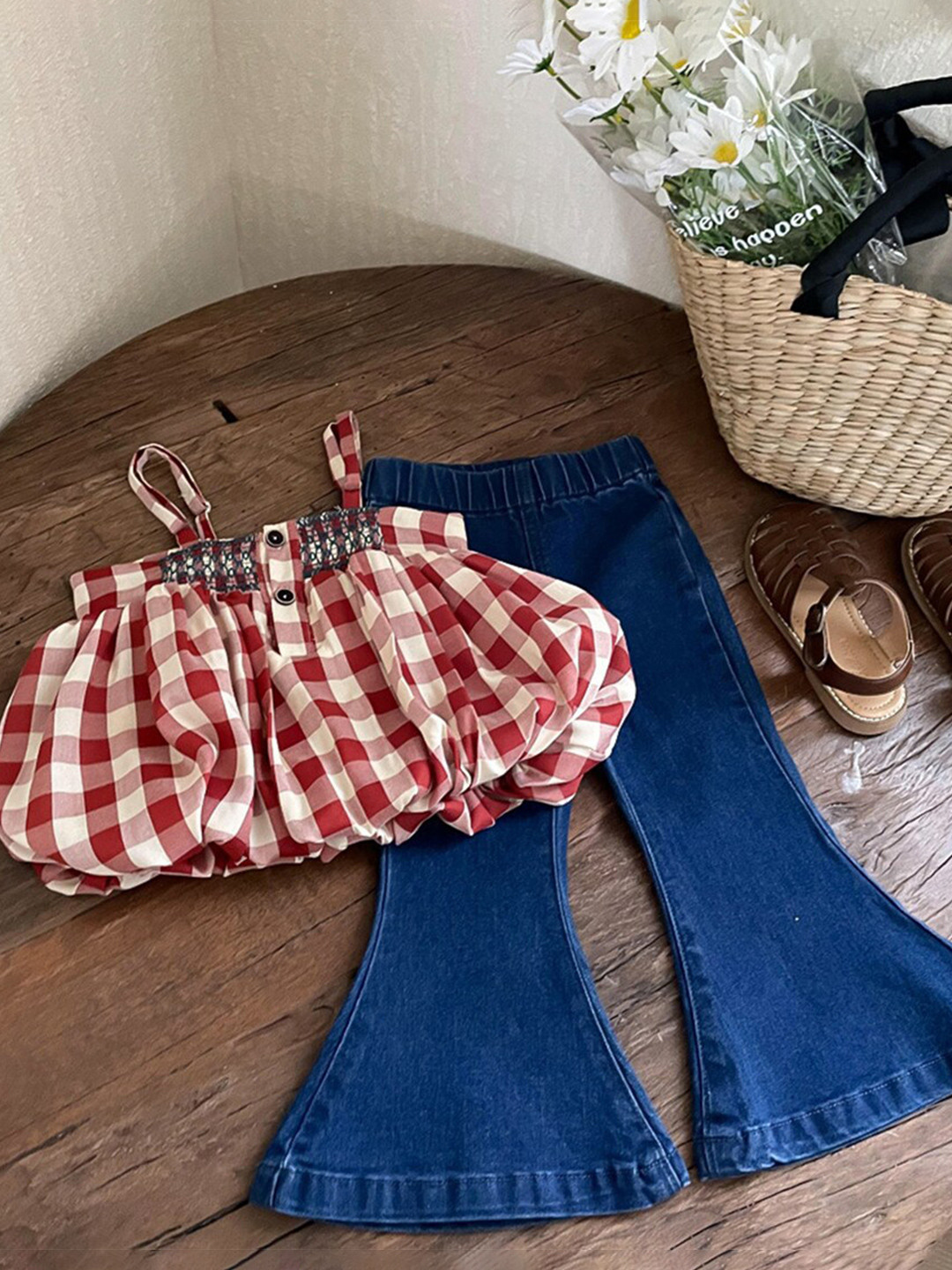 INCLUD Girls Checked Shoulder Straps Top with Trousers