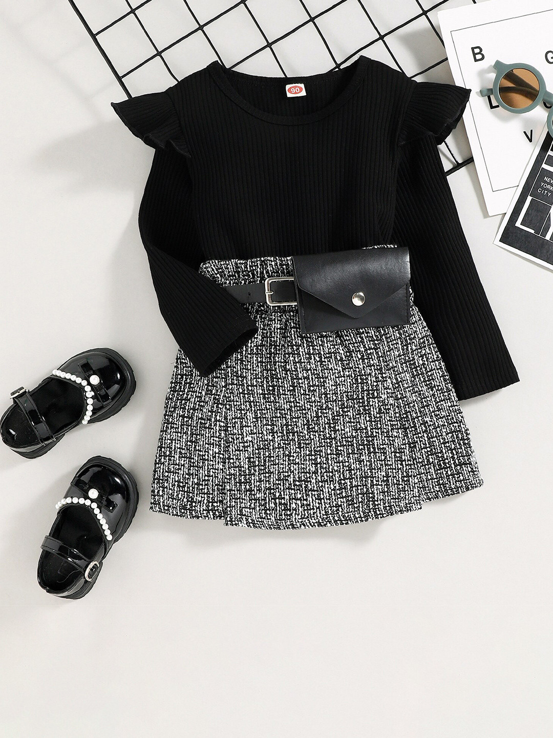 INCLUD Girls Black Top with Skirt Pleated Clothing Set