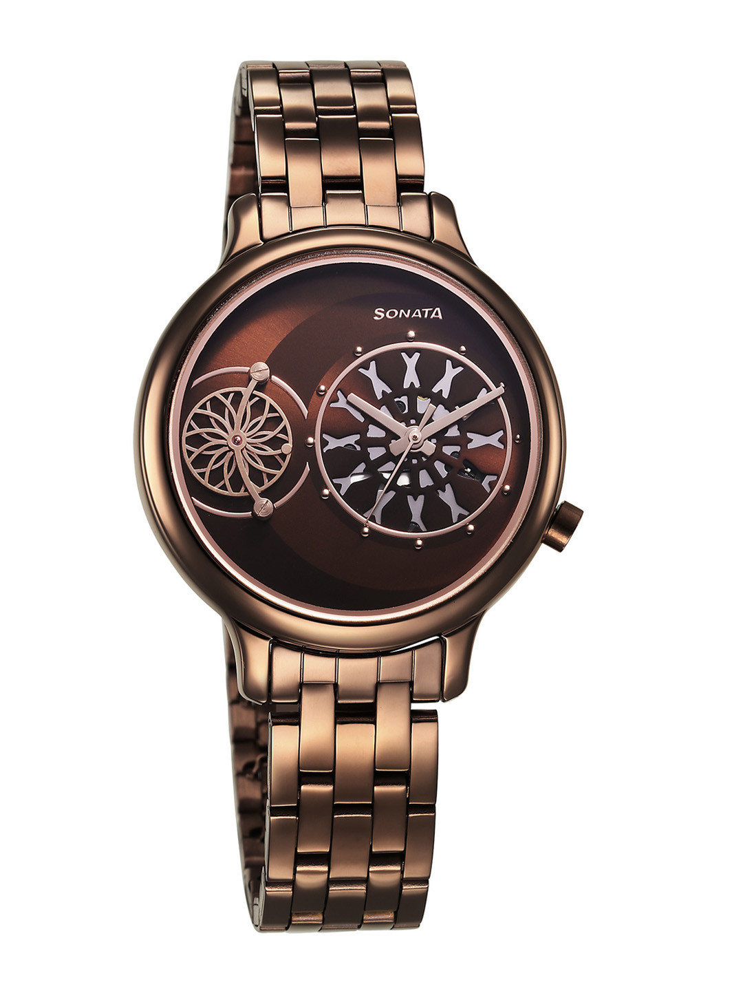 Sonata Women Brass Dial & Straps Analogue Watch 8190QM02