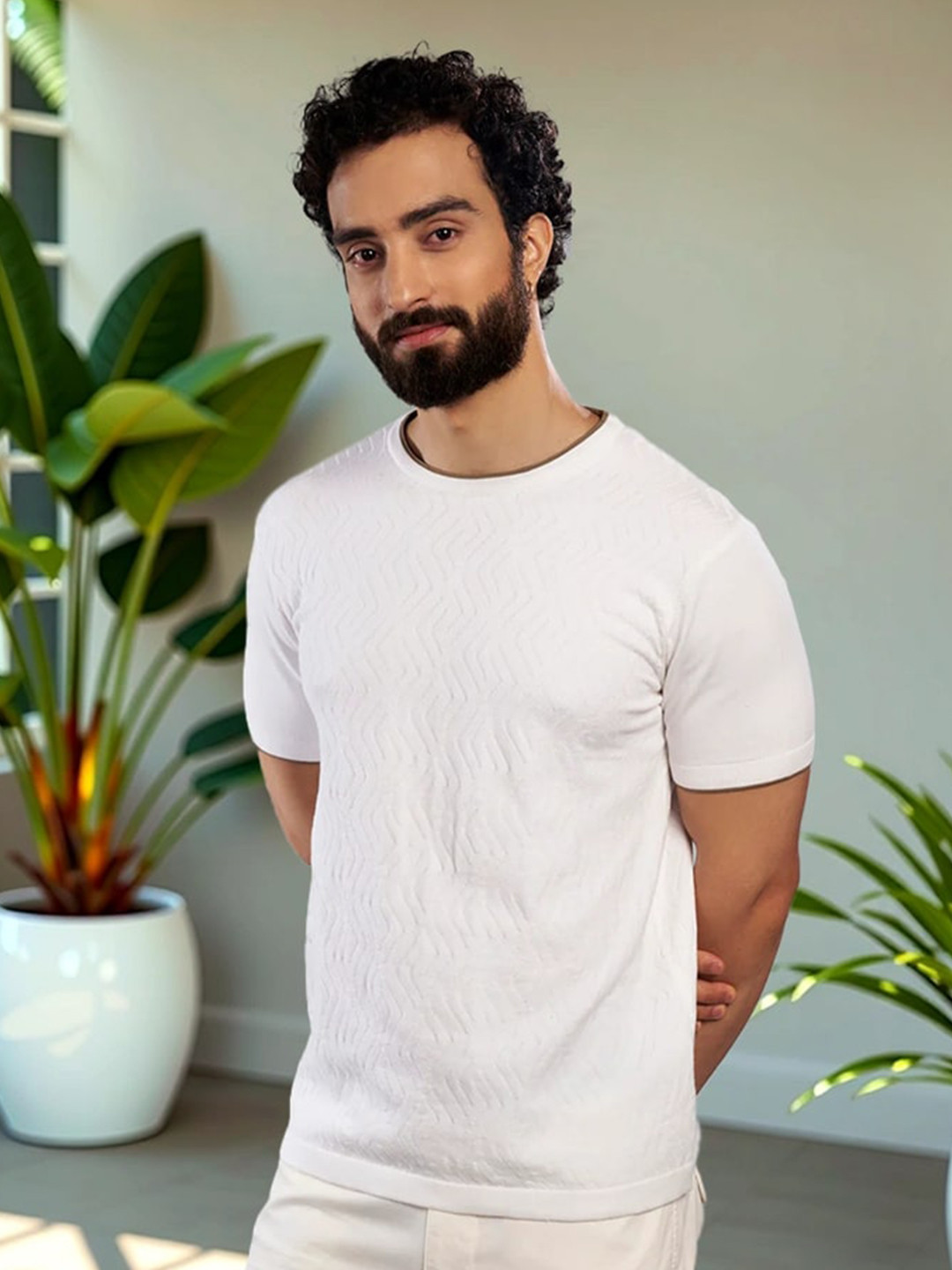 KINGDOM OF WHITE Geometric Design Cotton Flat Knit T-shirt