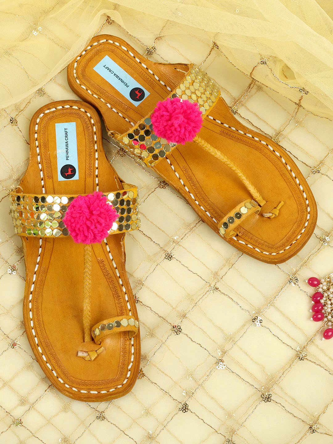 PehnawaCraft Ethnic Embellished Mirror Pompom Leather One Toe Flats