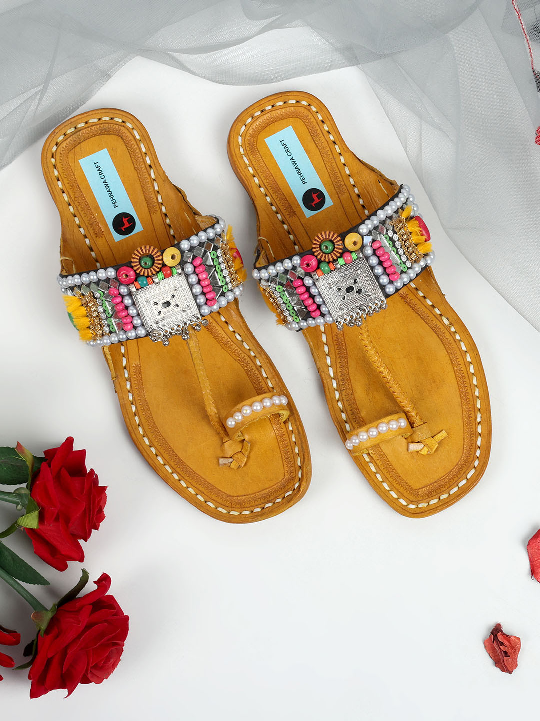 PehnawaCraft Ethnic boho Embellished Leather kolhapuri One Toe Flats