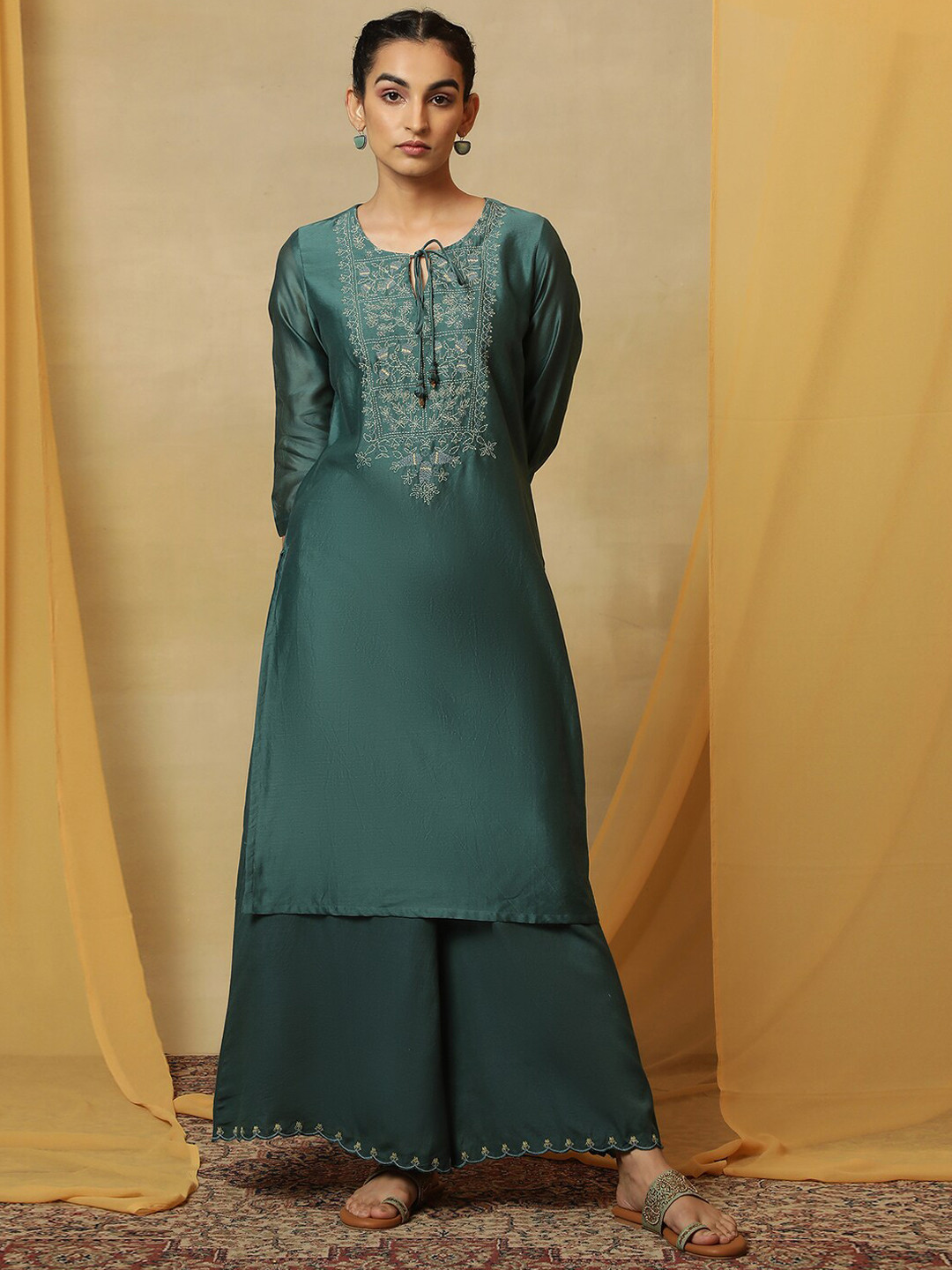 Folk Song  Ethnic Motifs Yoke Design Tie-Up Neck Kantha Folk Song ork Cotton Silk Kurta