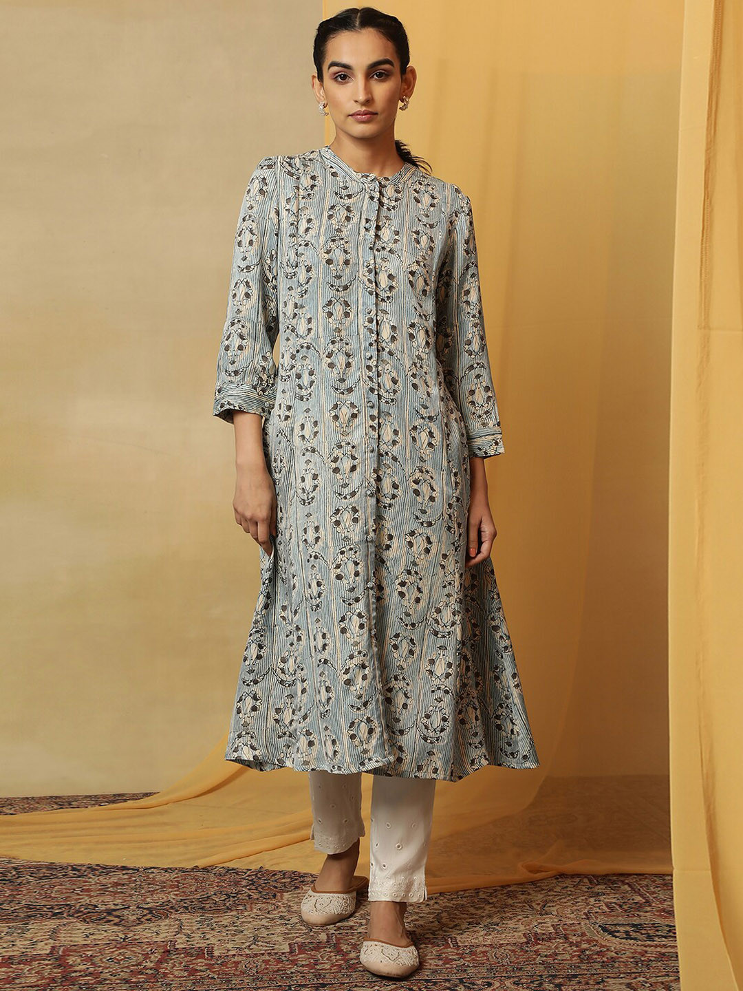 Folk Song  Blue Ethnic Motifs Printed Pastel Kurta