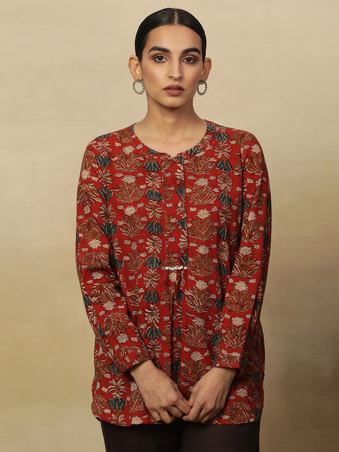 Folk Song  Red Floral Printed Pure Cotton Straight Kurti