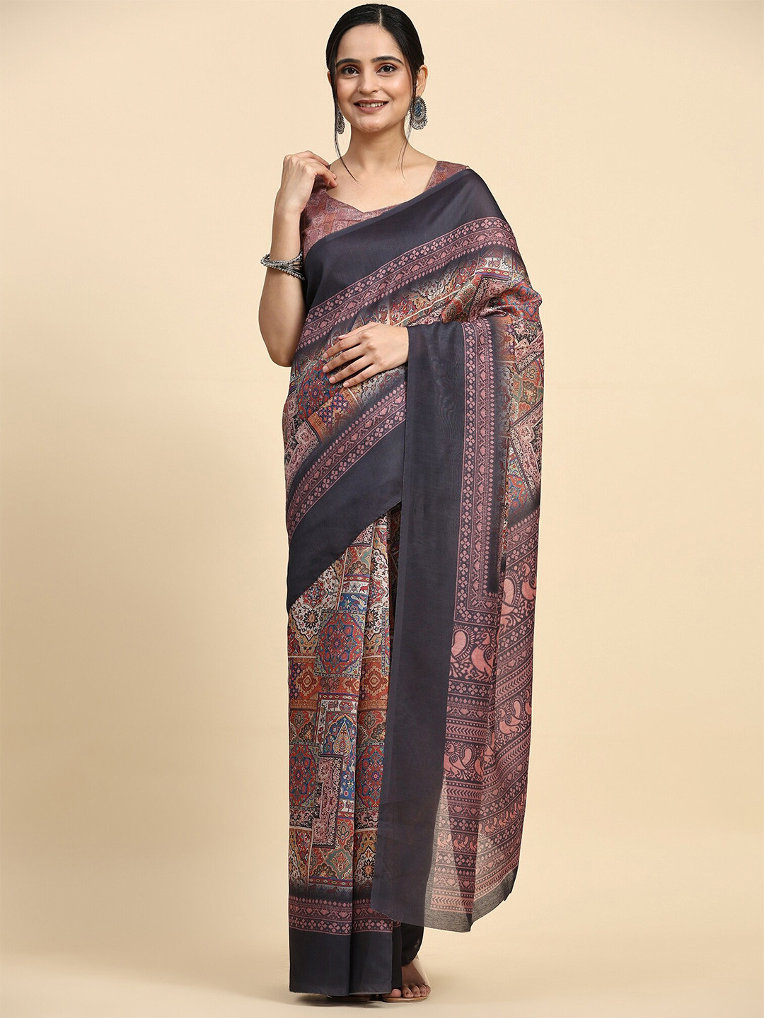 RACHNA Ethnic Motifs Printed Jute Cotton Kalamkari Saree