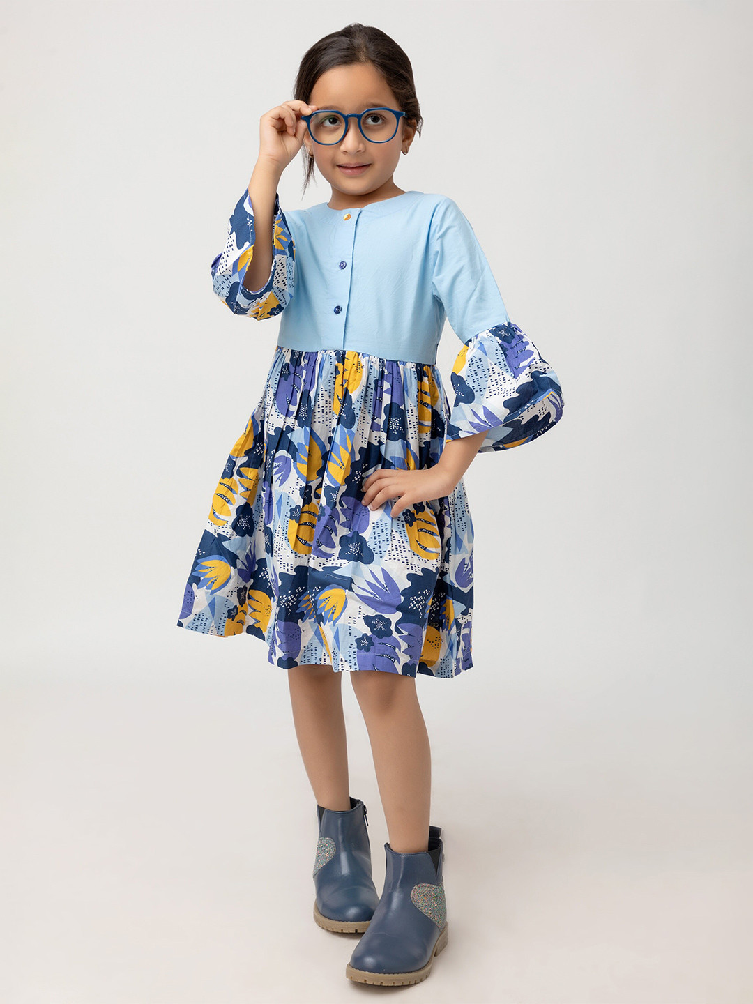 Purple United Kids Girls Floral Printed Bell Sleeves Fit & Flare Dress