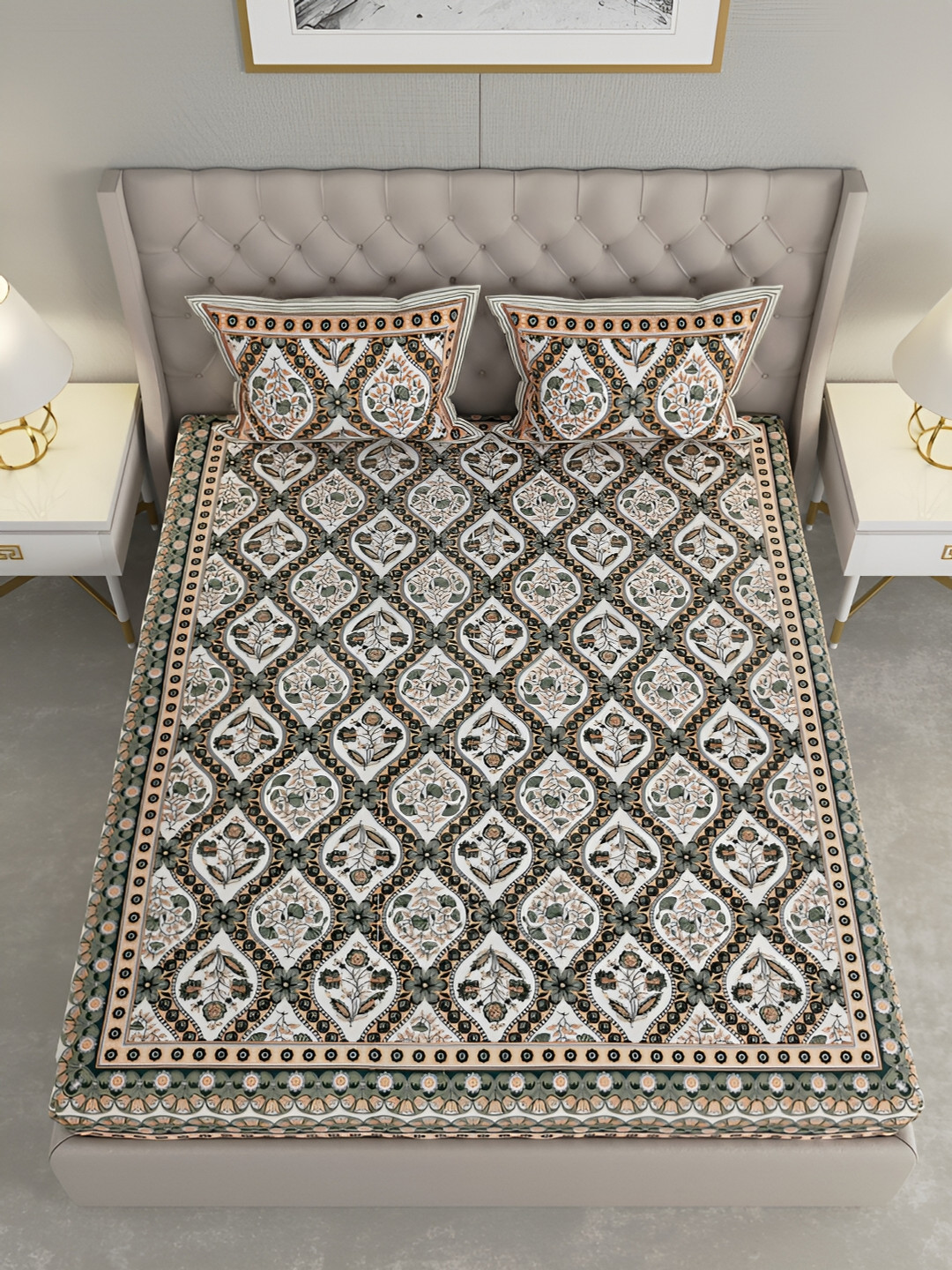 Wayne Martin Olive Floral Cotton 330 TC King Fine Bedsheet with 2 Pillow Covers-87 x 108 inches