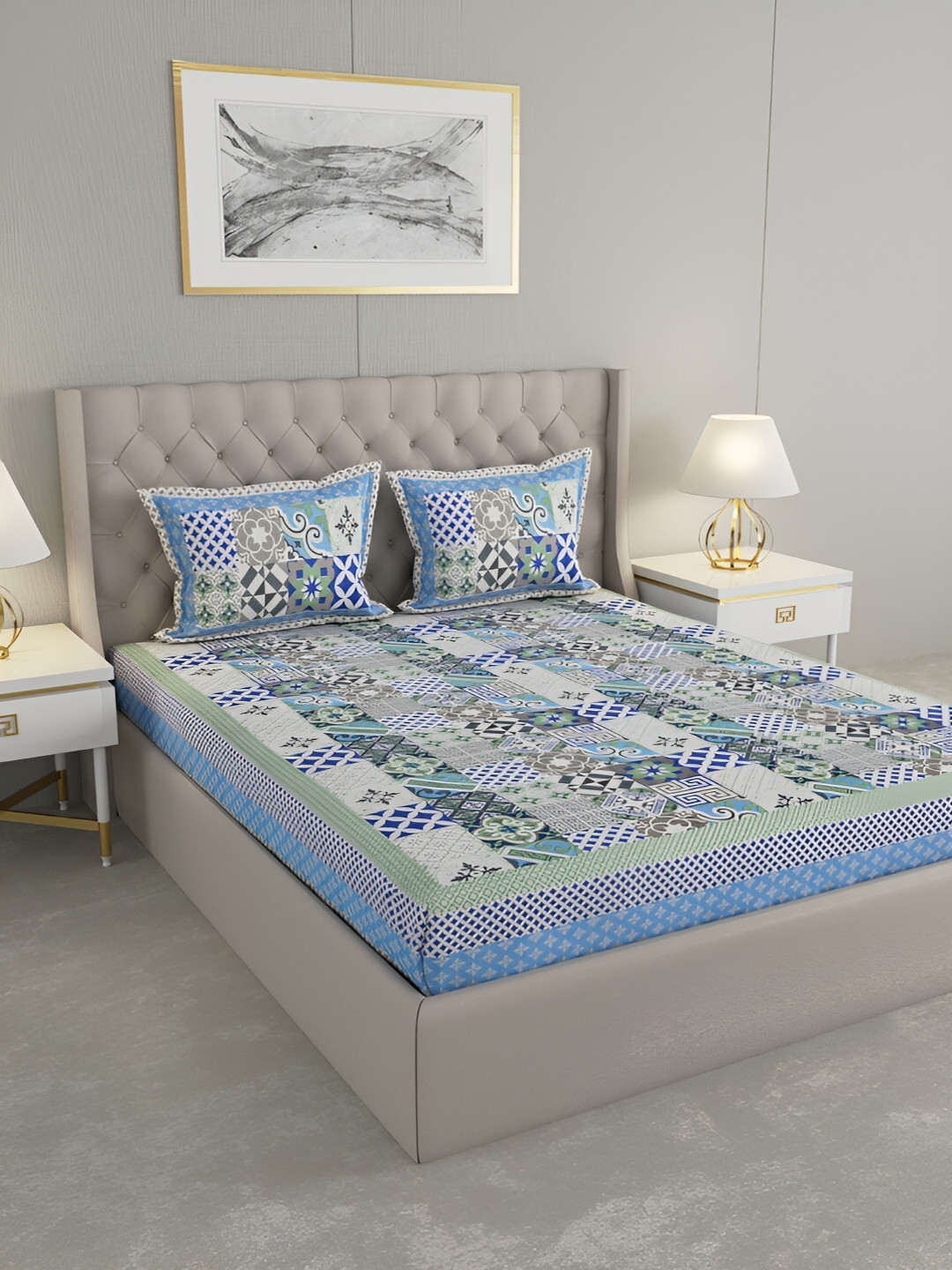 Wayne Martin Blue Graphic Cotton 330 TC King Fine Bedsheet with 2 Pillow Covers-87 x 108 inches