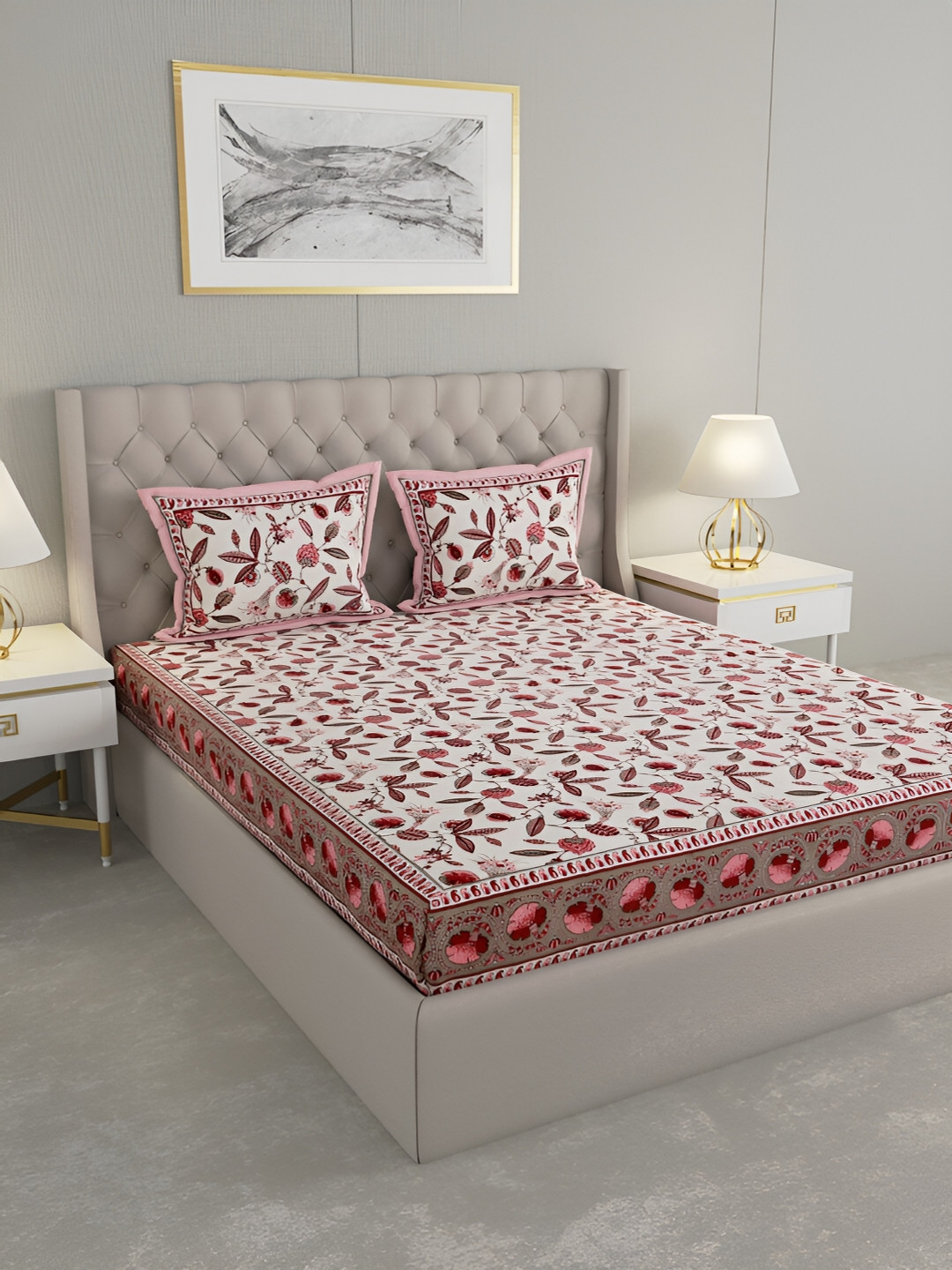 Wayne Martin Maroon Floral Cotton Breathable 330 TC King Fine Bedsheet with 2 Pillow Covers-87 x 108 inches