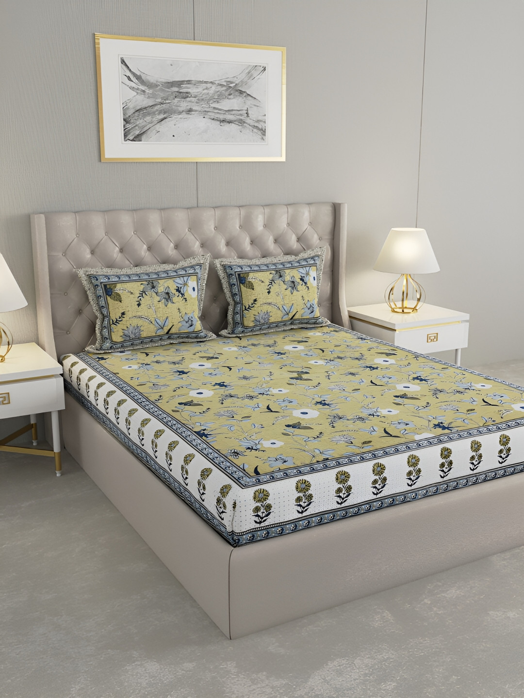 Wayne Martin Olive Floral Cotton 330 TC King Fine Bedsheet with 2 Pillow Covers-87 x 108 inches