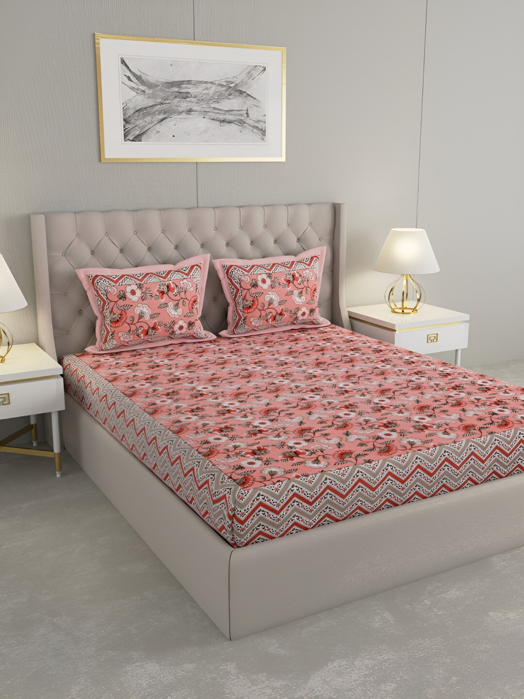 Wayne Martin Peach Floral Cotton 330 TC King Fine Bedsheet with 2 Pillow Covers-87 x 108 inches