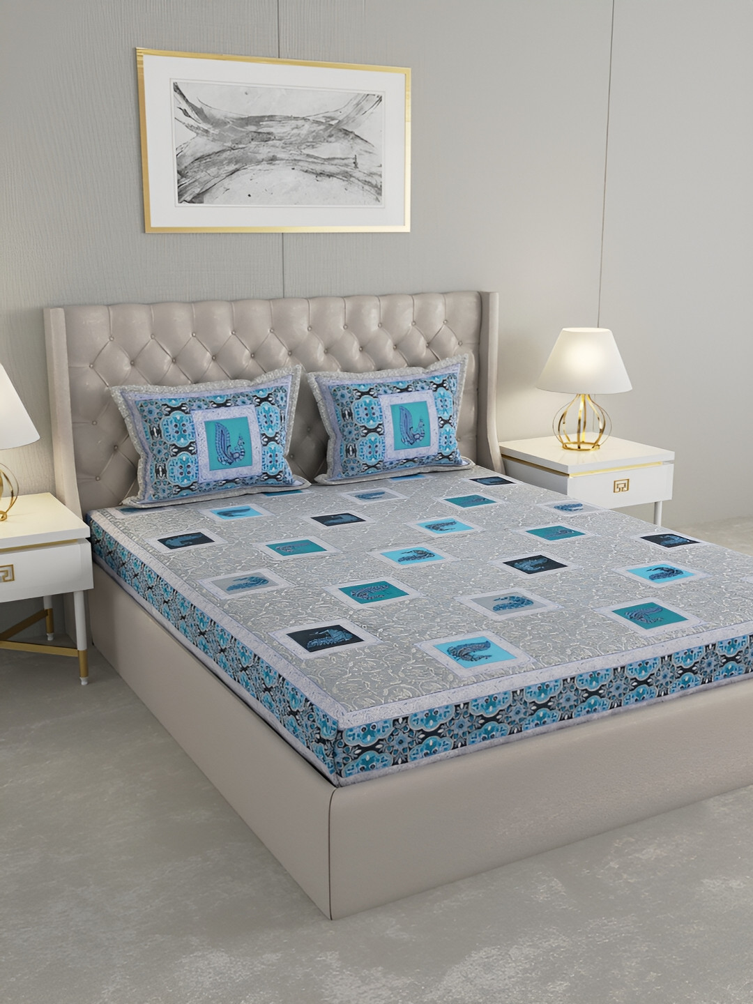 Wayne Martin Pista Blue Animal Cotton 330 TC King Fine Bedsheet with 2 Pillow Covers-87 x 108 inches