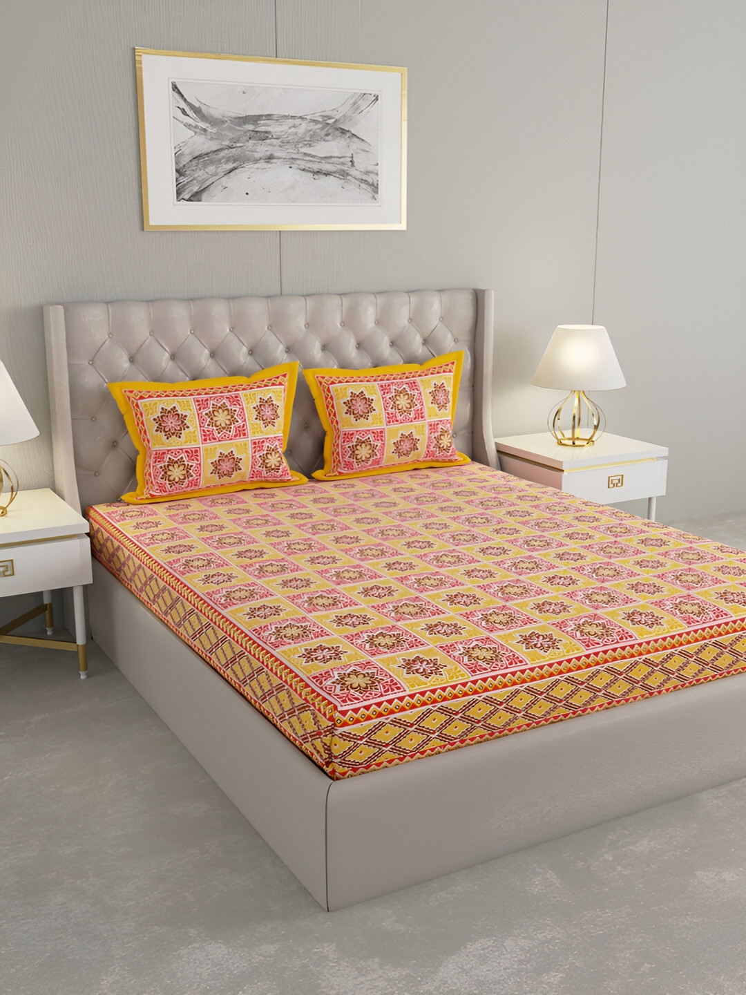 Wayne Martin Yellow Graphic Cotton 330 TC King Fine Bedsheet with 2 Pillow Covers-87 x 108 inches