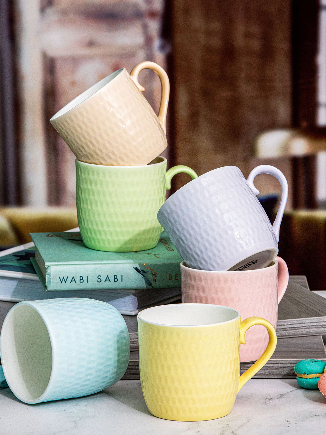Roxx Pink & Green 6 Pieces Textured Ceramic Glossy Mugs