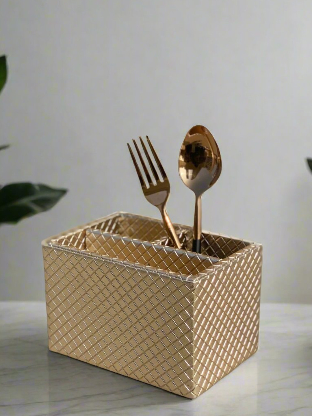 Mason Home Gold-Toned Braided Textured Faux Leather & MDF Cutlery Holder