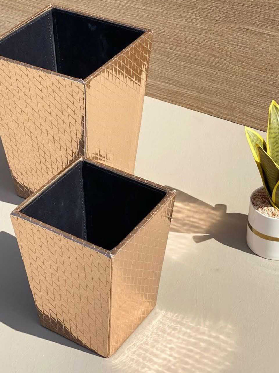 Mason Home Rose Gold-Toned & Black Faux Leather & MDF Open Dustbin