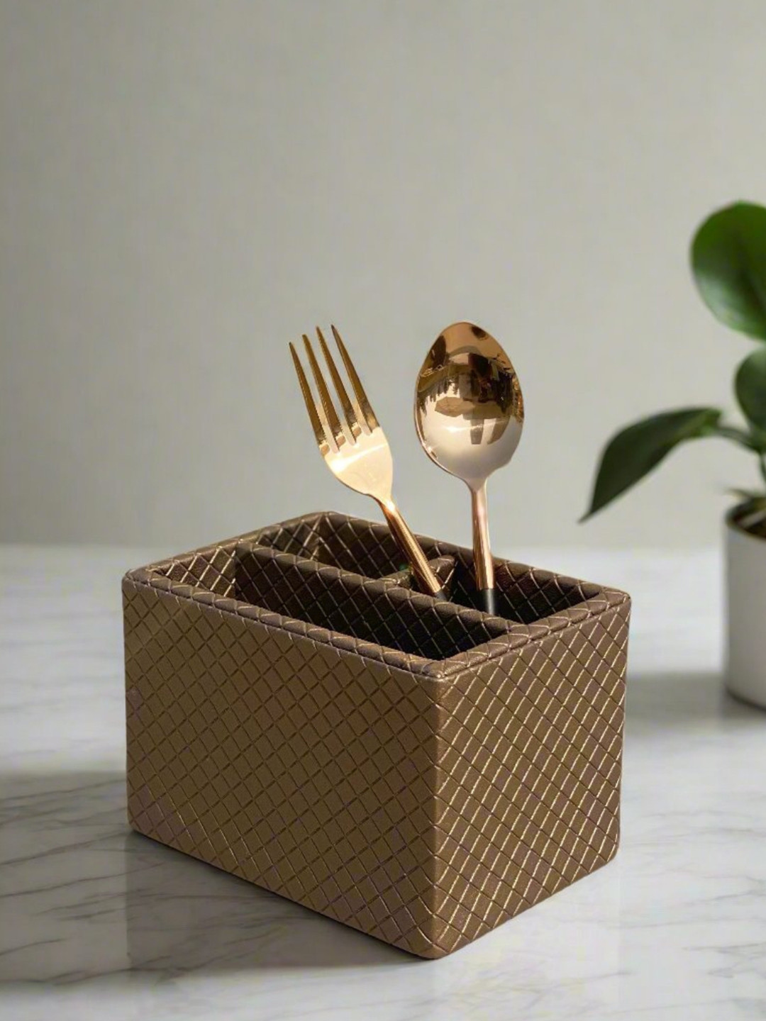 Mason Home Brown Textured Faux Leather Cutlery Holder