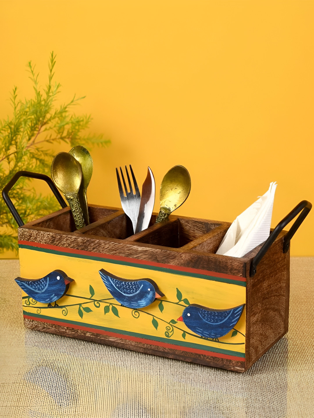 dudki Love Birds Brown & Yellow Textured Four Compartment Wooden Cutlery Holder