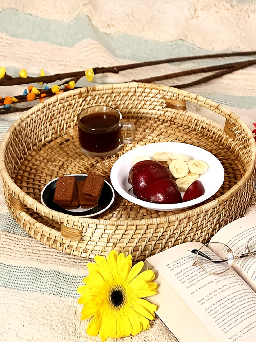 akway Beige Textured Wooden Round Trays