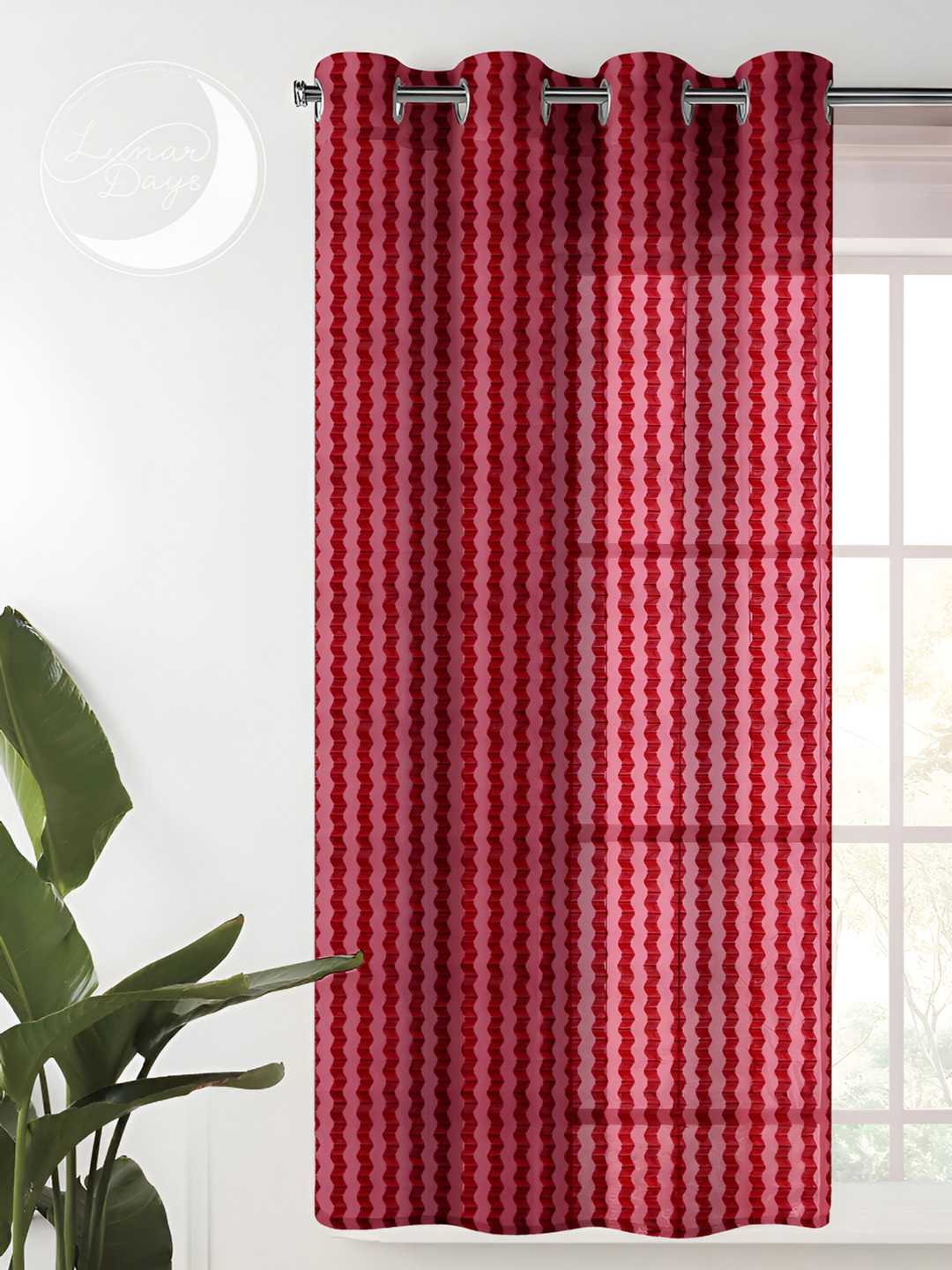 Lunar Days Maroon & White Eyelet Striped Sheer Window Curtain